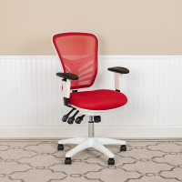 Flash Furniture HL-0001-WH-RED-GG Mid-Back Red Mesh Multifunction Executive Swivel Ergonomic Office Chair with Adjustable Arms and White Frame